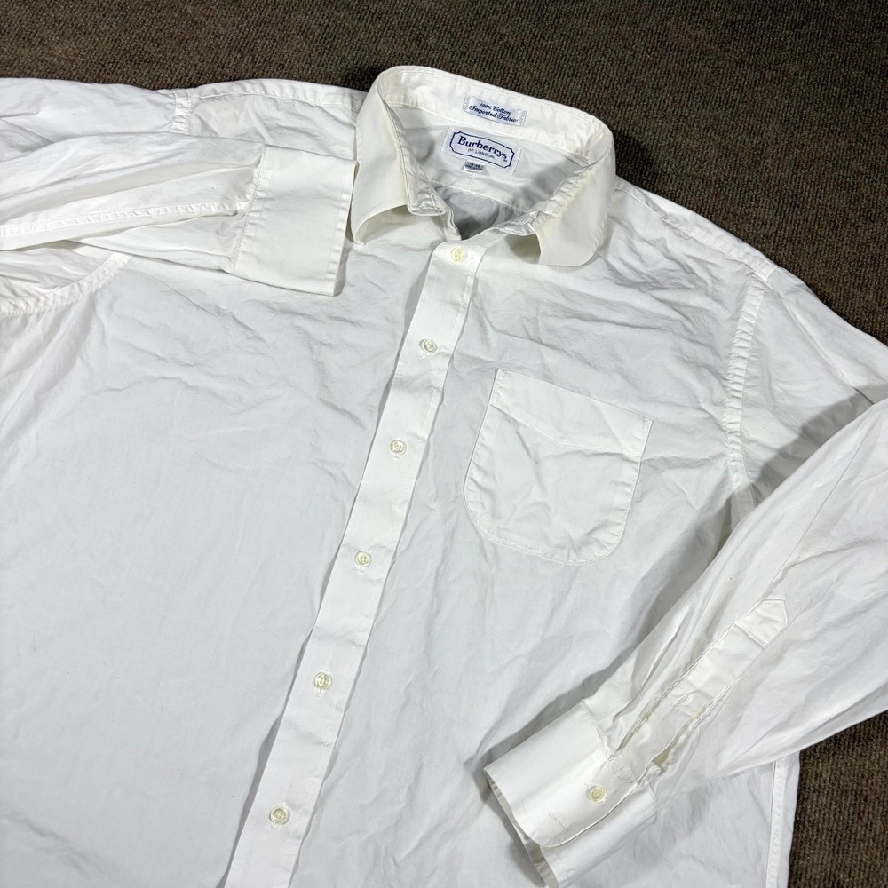 Vintage Burberrys Dress Shirt Mens 18-35 White Cotton Curved Hem Formal Business
